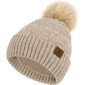 Womens Winter Beanie Hat Knit Plaid Fleece Lined Pompom Warm Skull Cap Gift